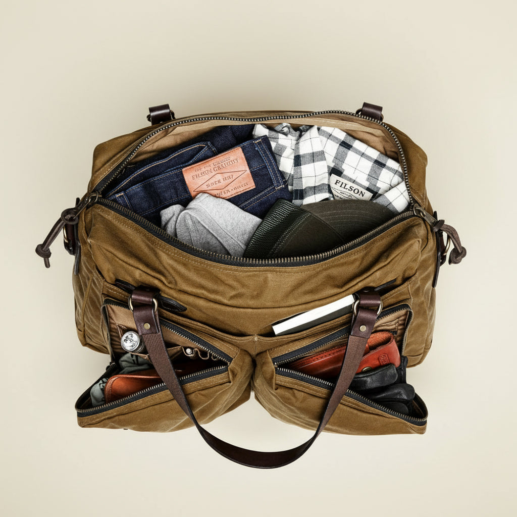 Brown duffel bag with leather straps on a white background
