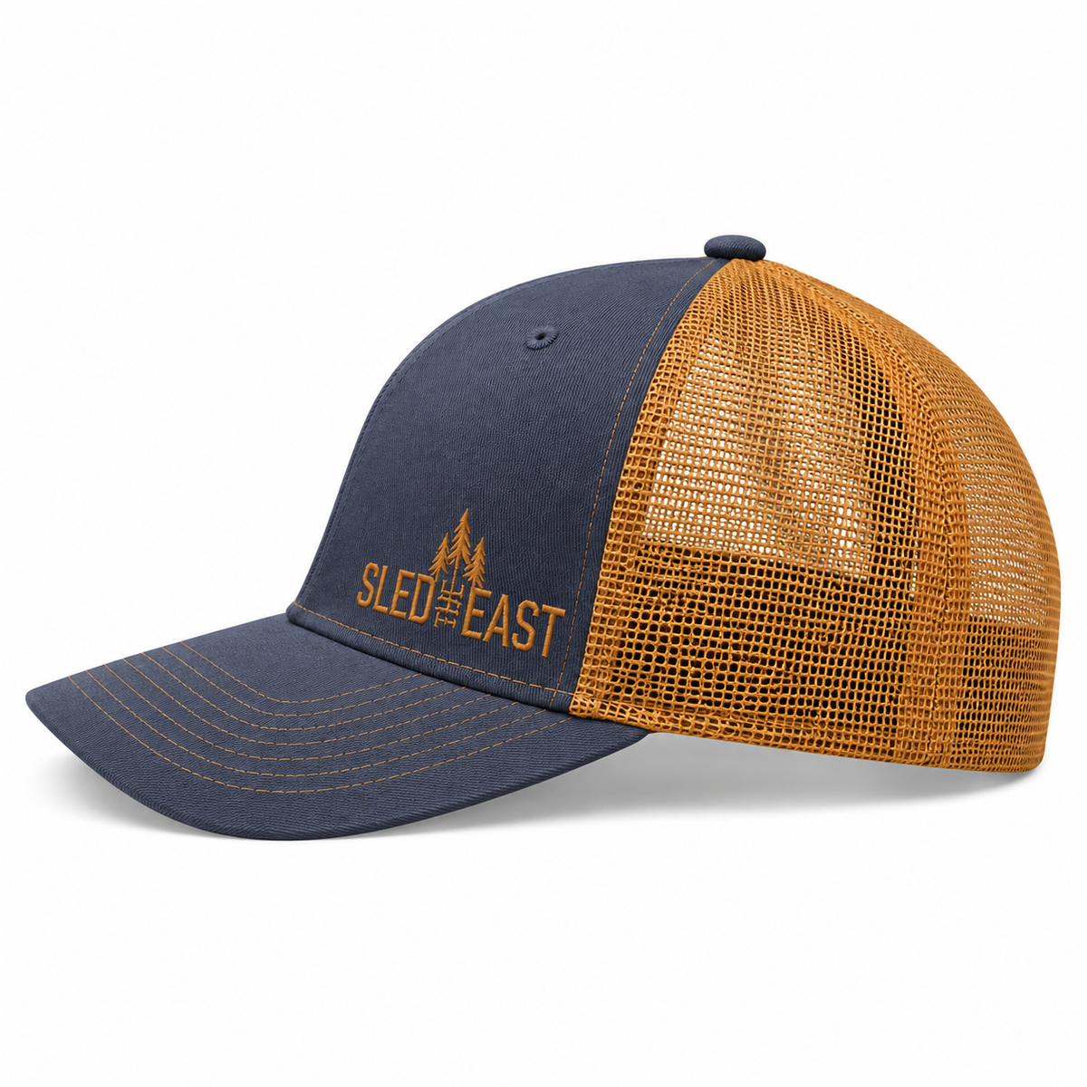 Sled The East Throttle Curved Brim Trucker Hat in Navy/Gold