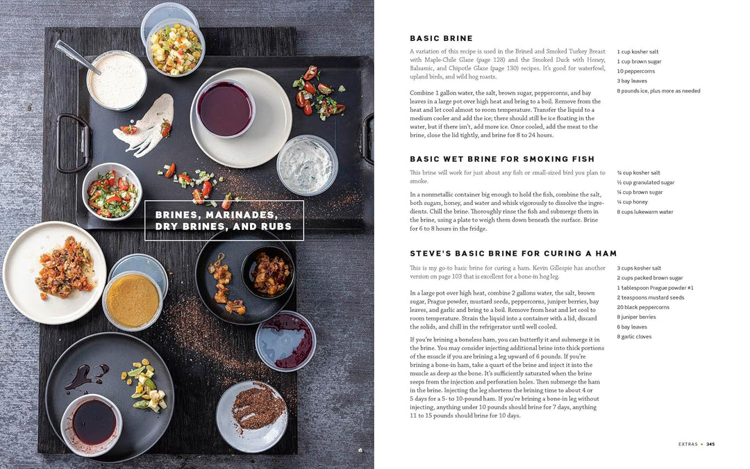 Tray of food with various dishes on a wooden surface, next to text on brine recipes.