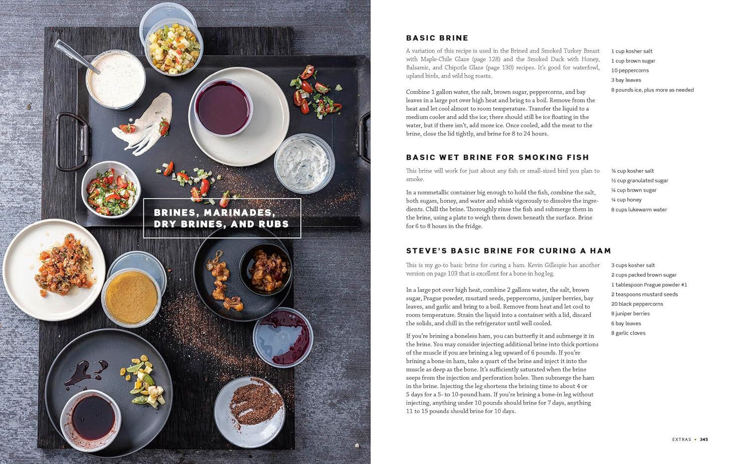 Tray of food with various dishes on a wooden surface, next to text on brine recipes.