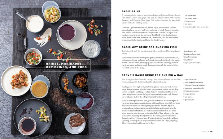 Tray of food with various dishes on a wooden surface, next to text on brine recipes.