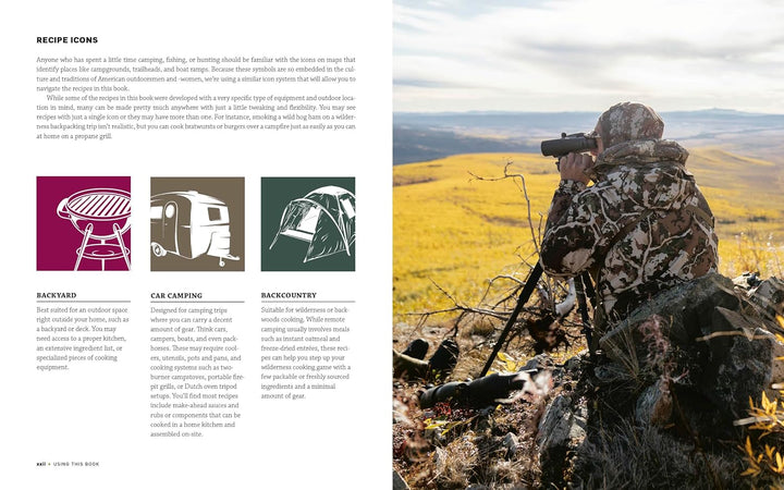 Magazine layout with a hunter in camouflage sitting in a field, alongside icons and text on camping methods.