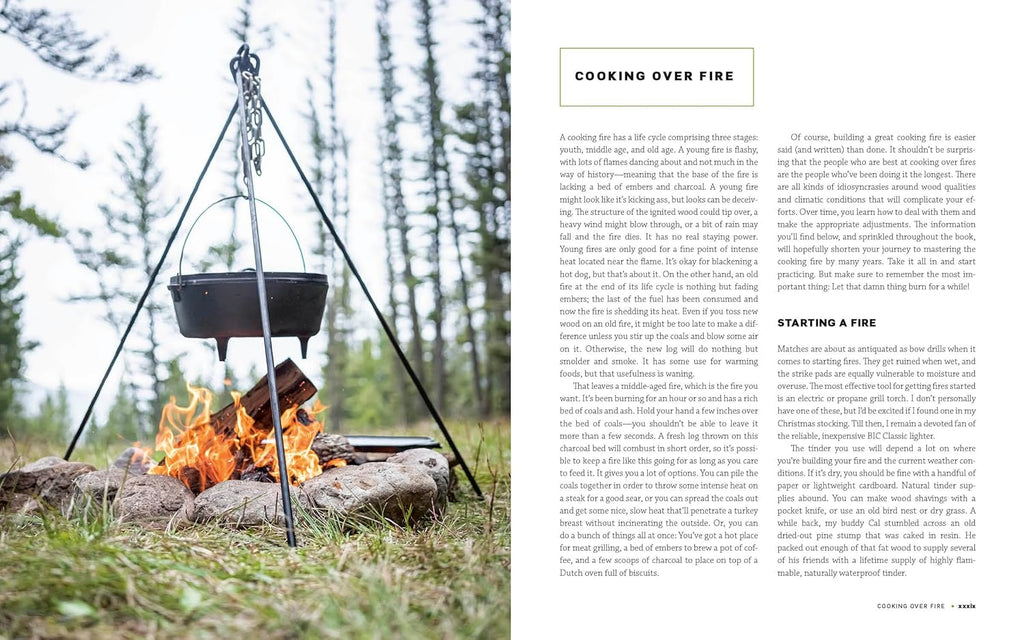 Cooking over a fire with a tripod stand in a forest setting