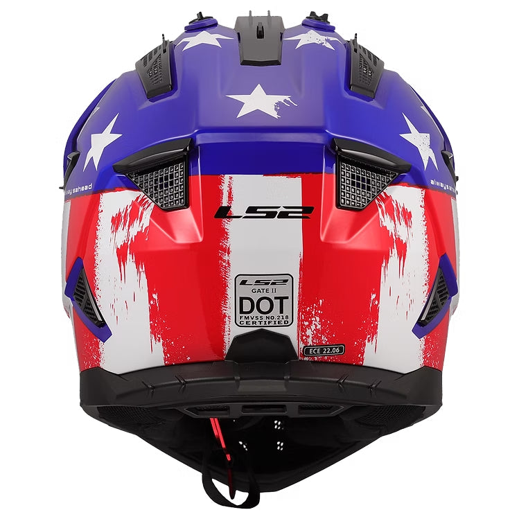 Motorcycle helmet with American flag design and LS2 branding on a white background