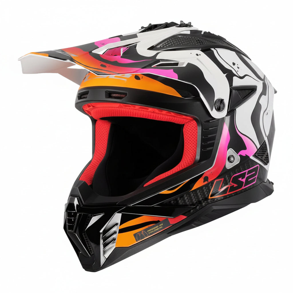 White, orange, and purple motocross helmet on a white background
