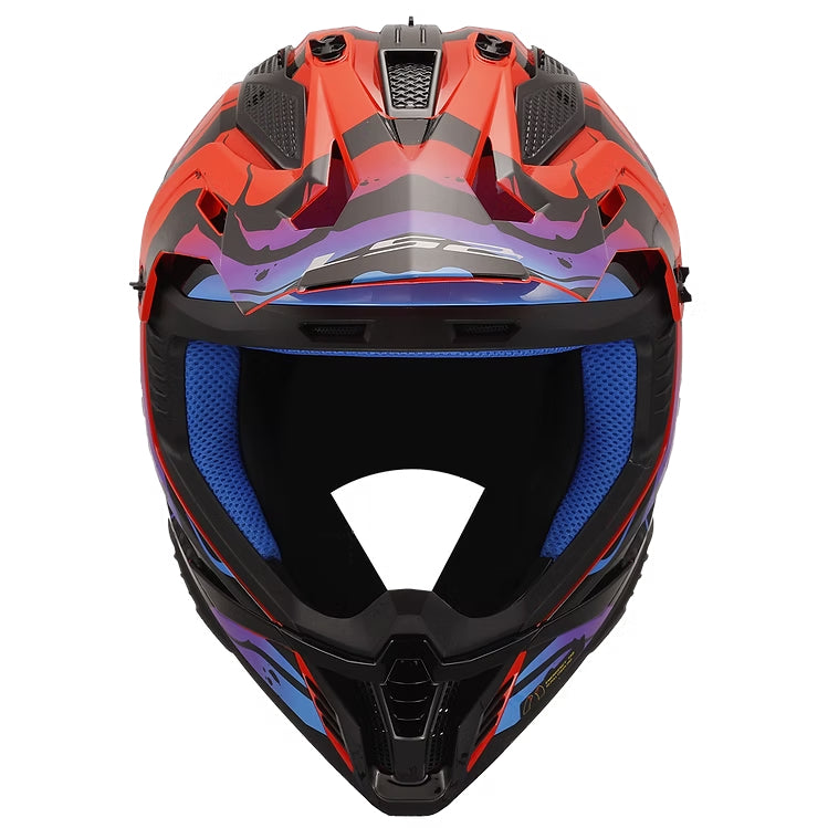 Red, black, and blue motocross helmet on a white background