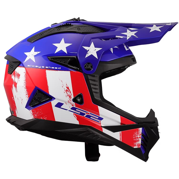 Motorcycle helmet with American flag design and LS2 branding on a white background