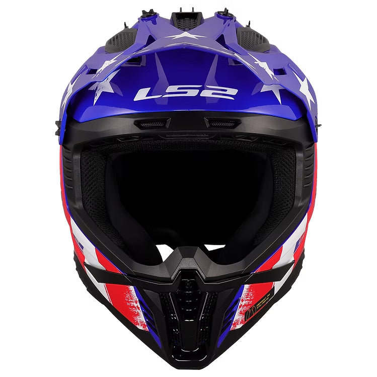 Motorcycle helmet with American flag design and LS2 branding on a white background