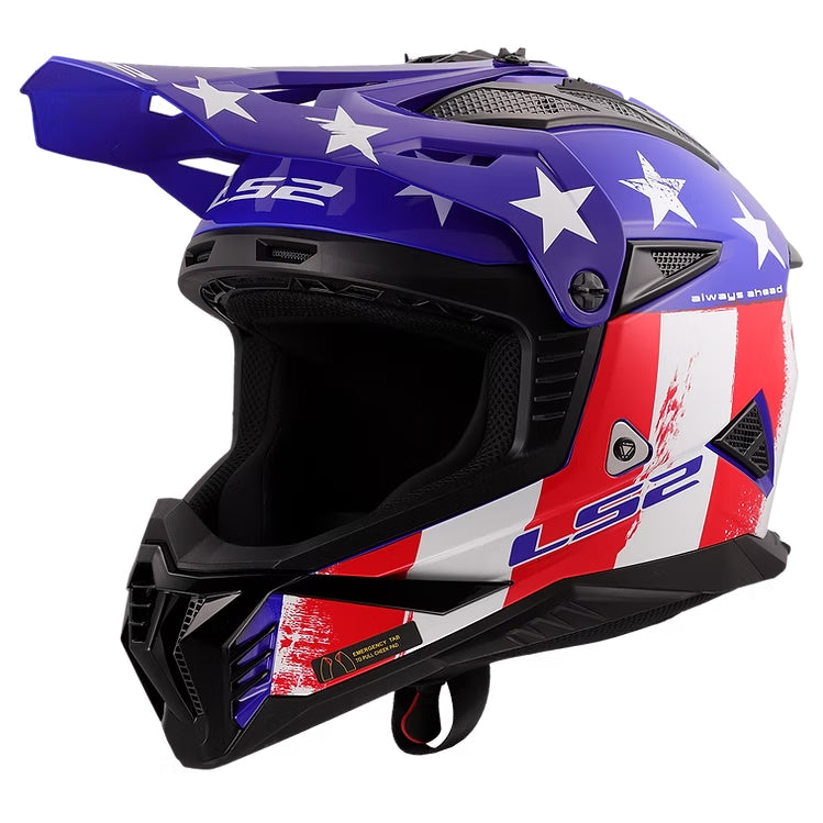Motorcycle helmet with American flag design and LS2 branding on a white background