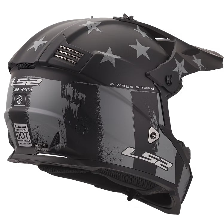 LS2 Gate Youth ATV Helmet in Black and gray with stars and stripes
