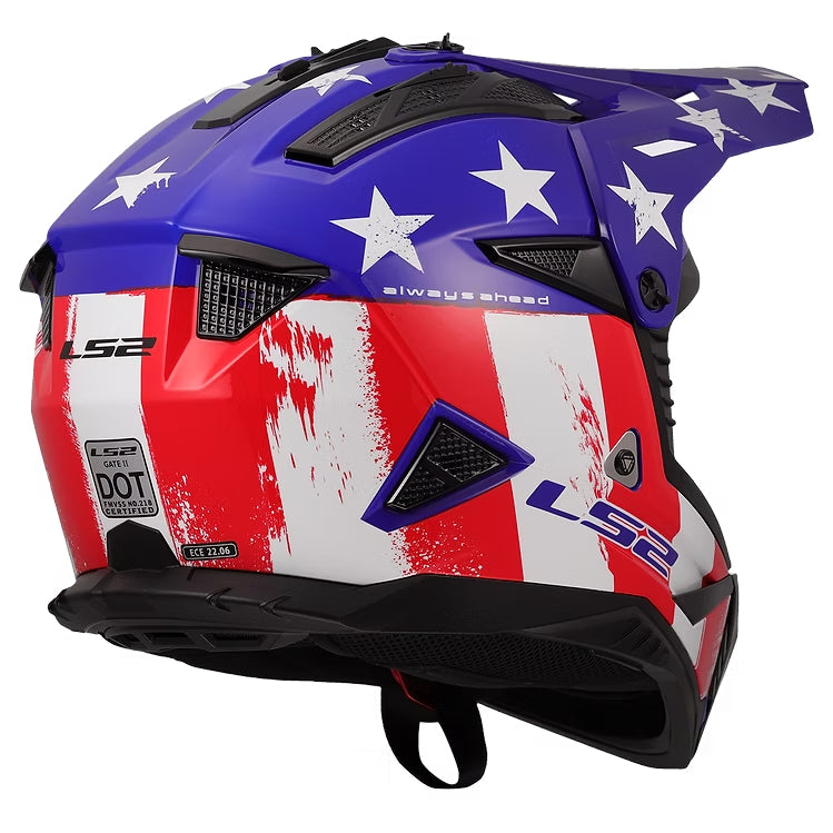 Motorcycle helmet with American flag design and LS2 branding on a white background