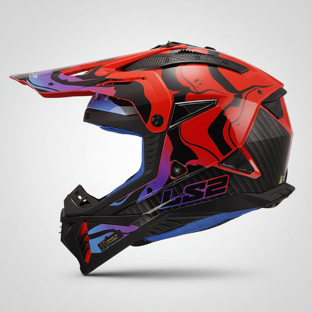 Red, black, and blue motocross helmet on a white background