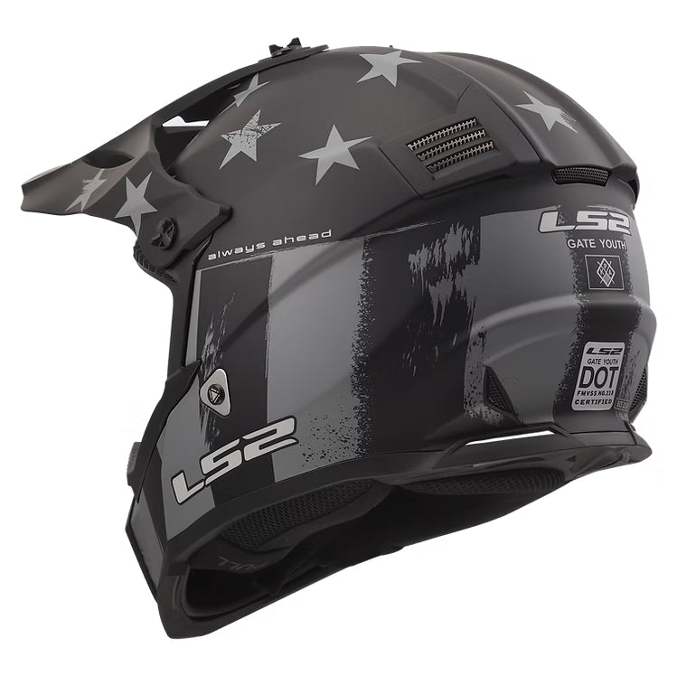 LS2 Gate Youth ATV Helmet in Black and gray with stars and stripes
