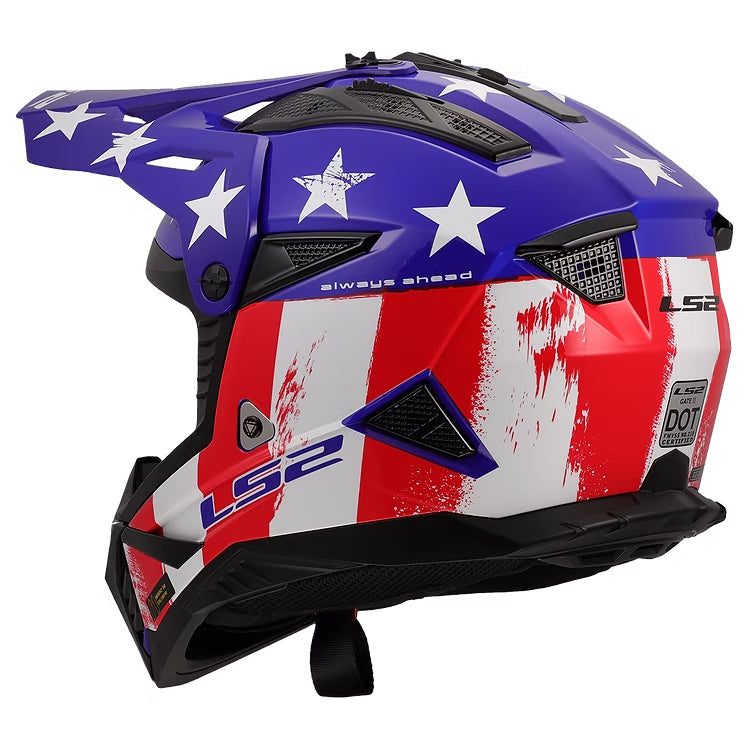 Motorcycle helmet with American flag design and LS2 branding on a white background
