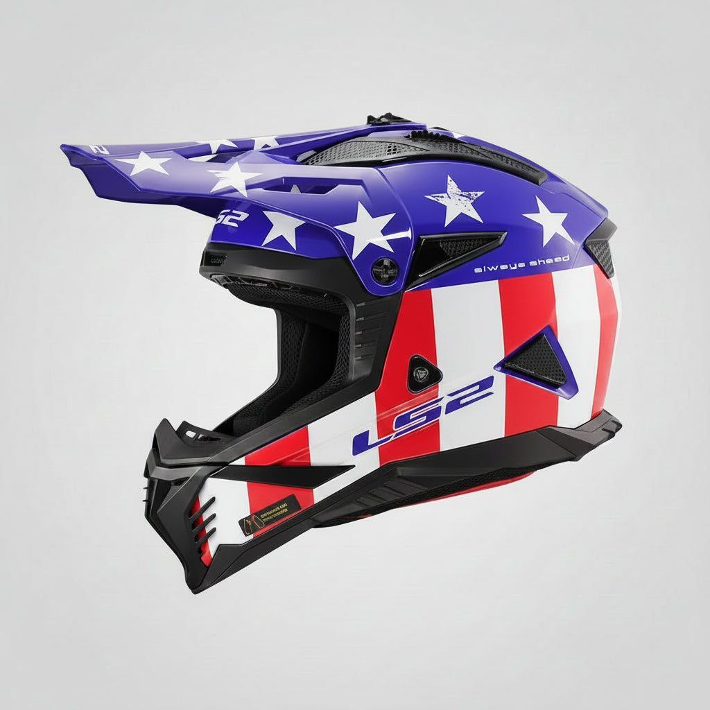 Motorcycle helmet with American flag design and LS2 branding on a white background