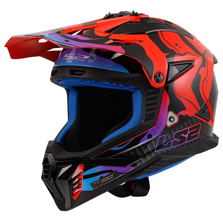 Red, black, and blue motocross helmet on a white background