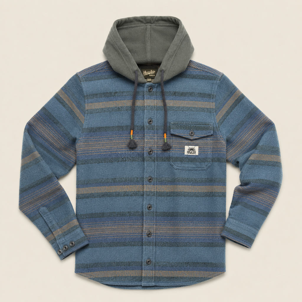 A blue and gray striped hooded flannel shirt jacket with a button-down front, chest pocket, and drawstring hood, shown flat on a light beige background.