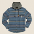 A blue and gray striped hooded flannel shirt jacket with a button-down front, chest pocket, and drawstring hood, shown flat on a light beige background.