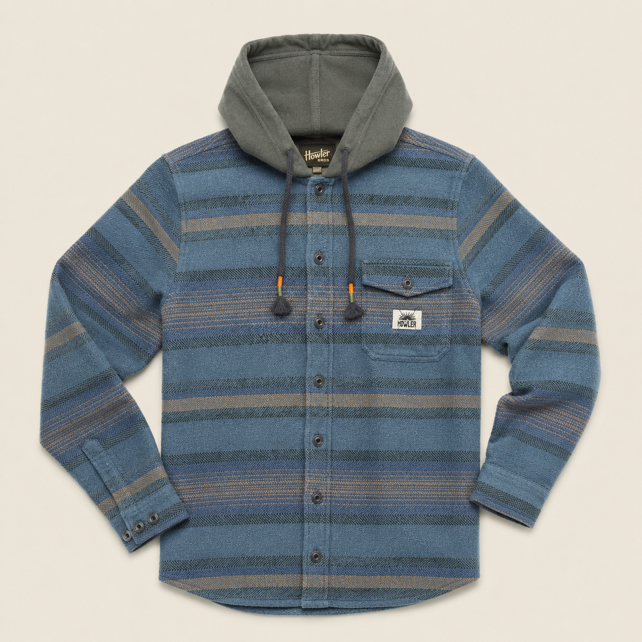A blue and gray striped hooded flannel shirt jacket with a button-down front, chest pocket, and drawstring hood, shown flat on a light beige background.