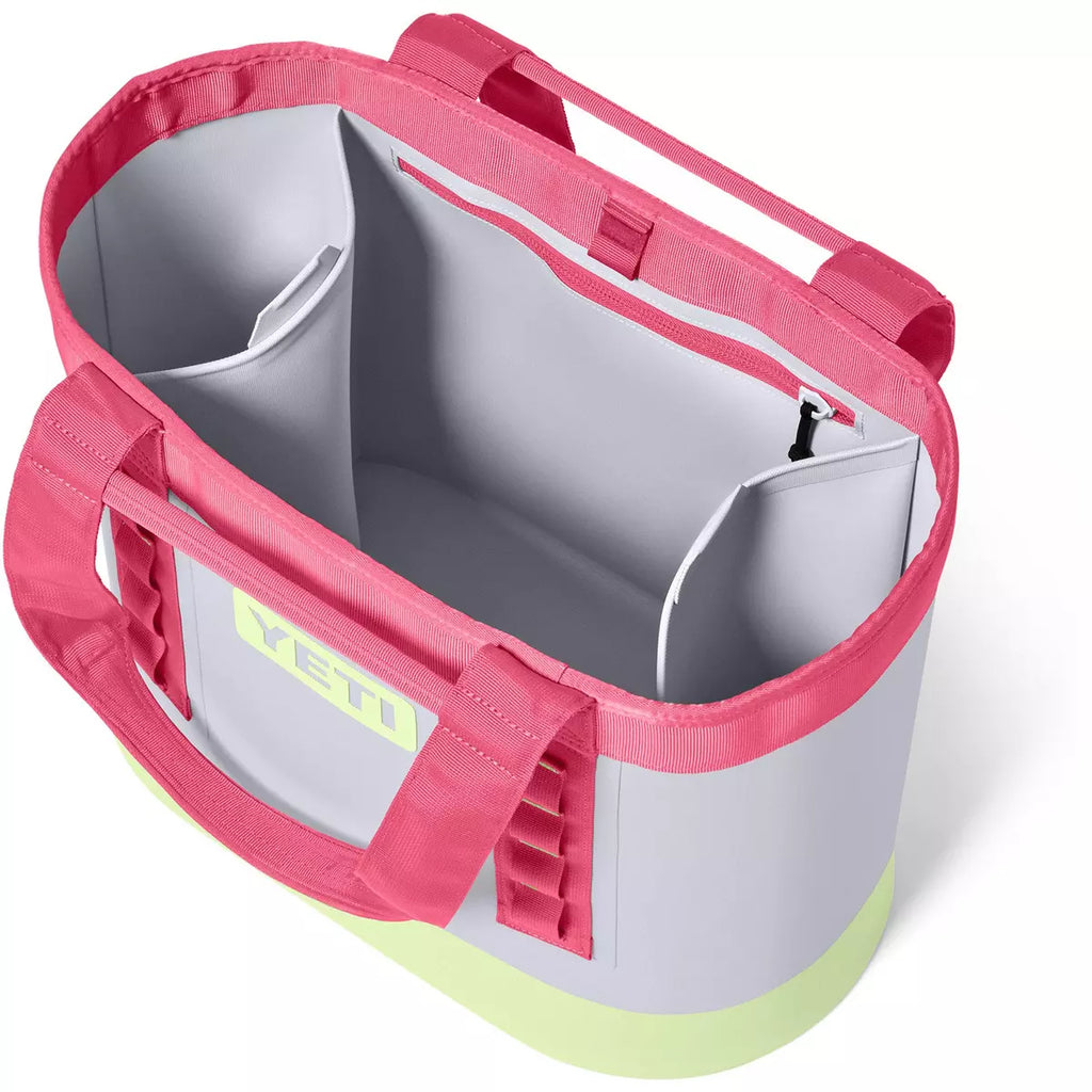 Pink and gray cooler bag with YETI logo on a white background