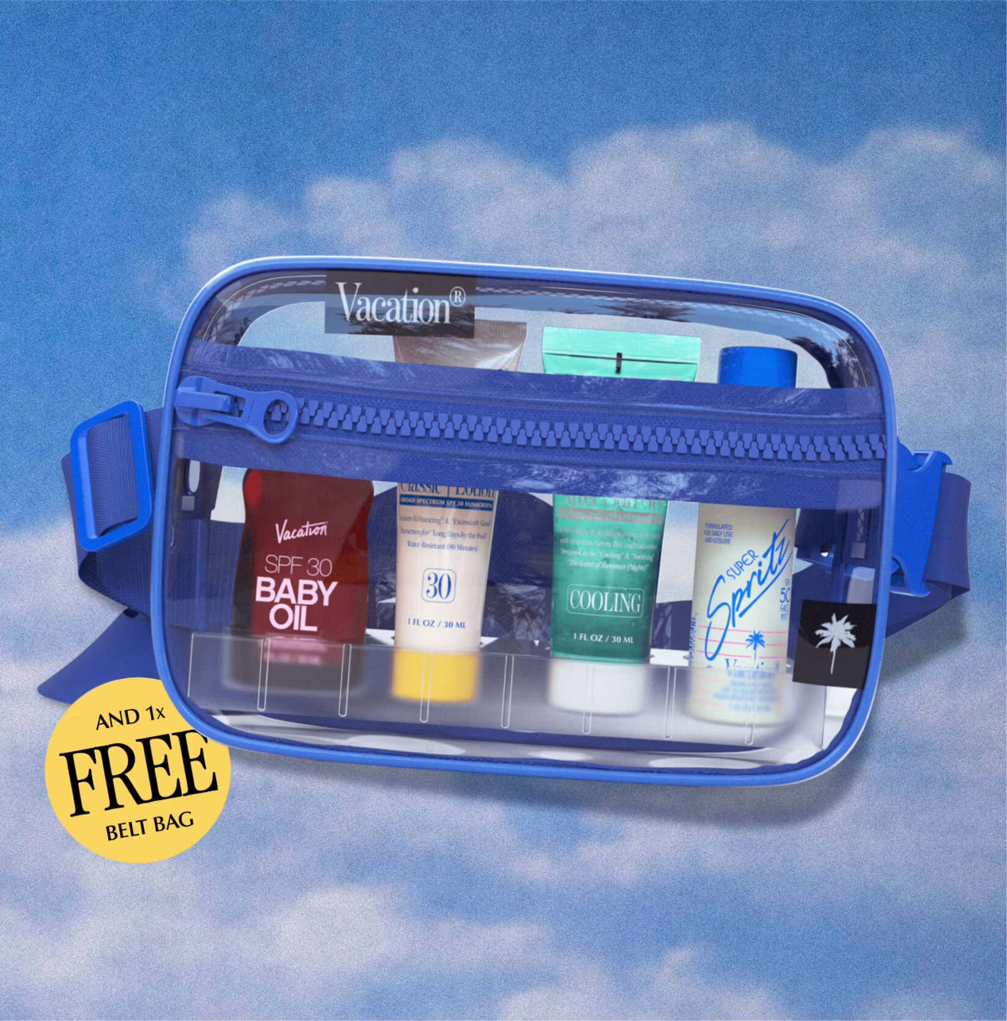 Clear travel bag with blue zipper against a cloudy sky background