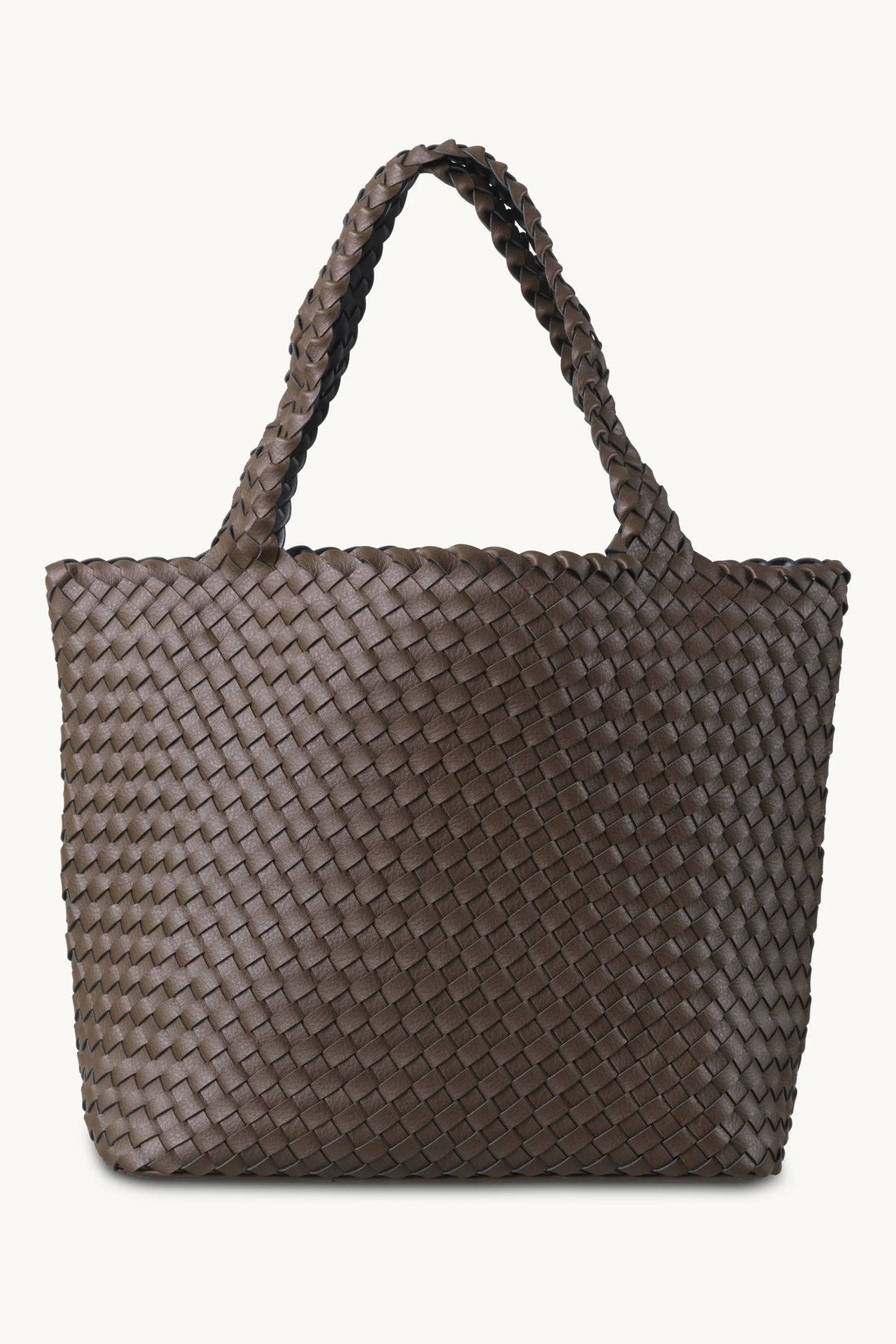 A dark brown woven leather tote bag with integrated shoulder straps, shown against a plain off-white background.