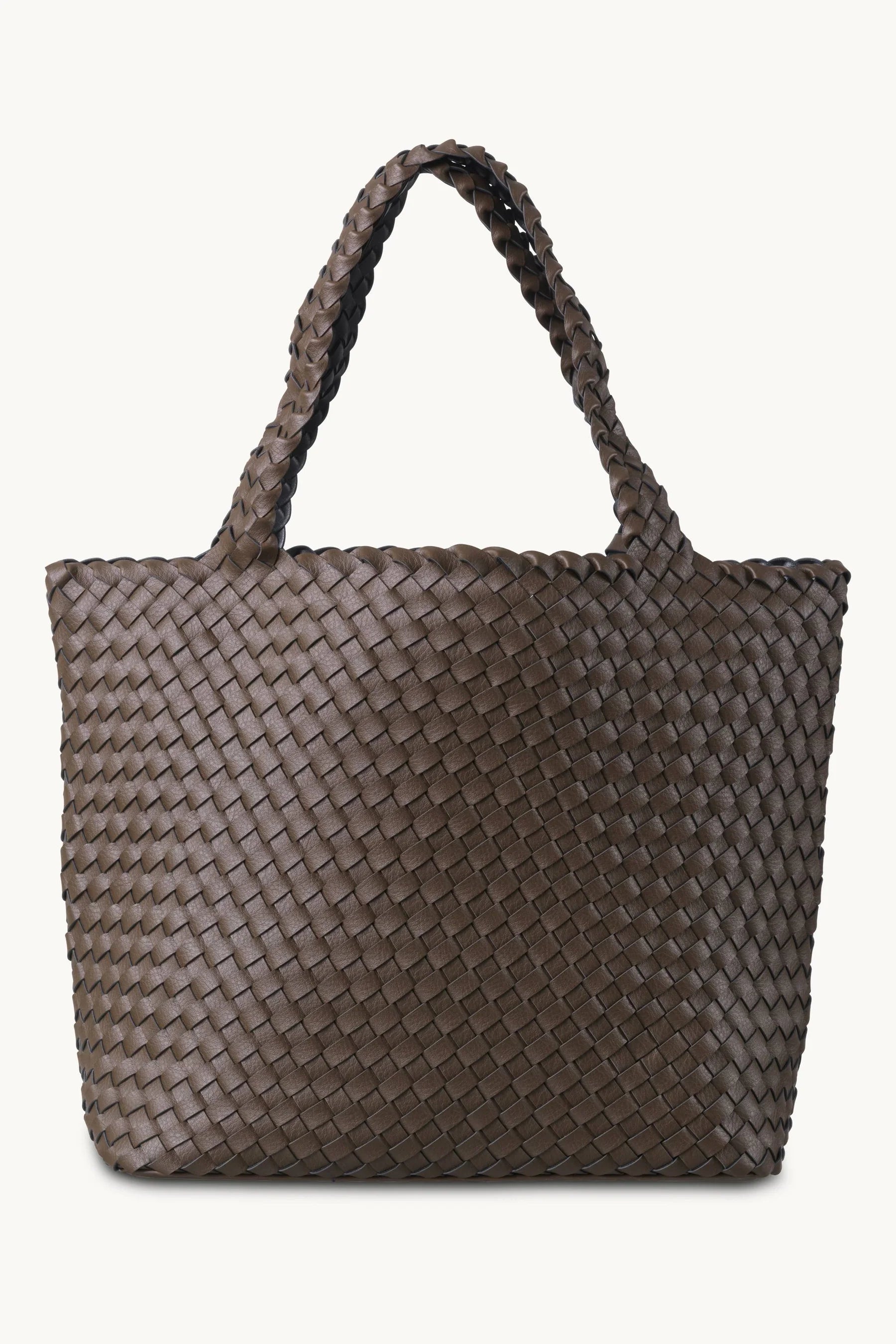 A dark brown woven leather tote bag with integrated shoulder straps, shown against a plain off-white background.