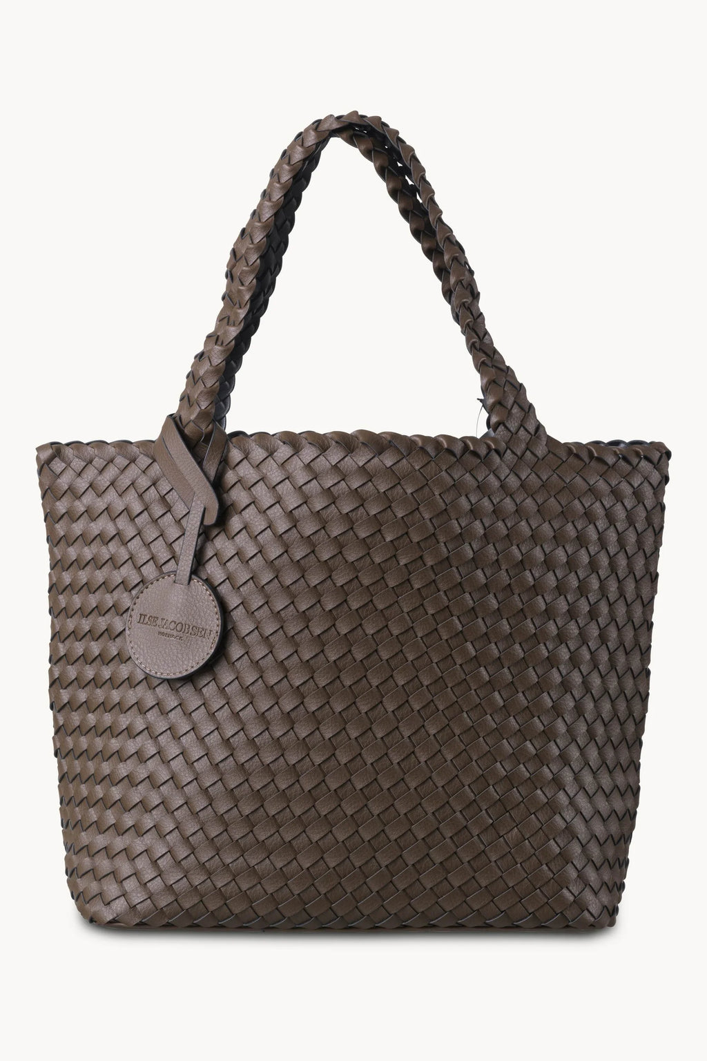 Black woven handbag with a visible brand tag on a white background