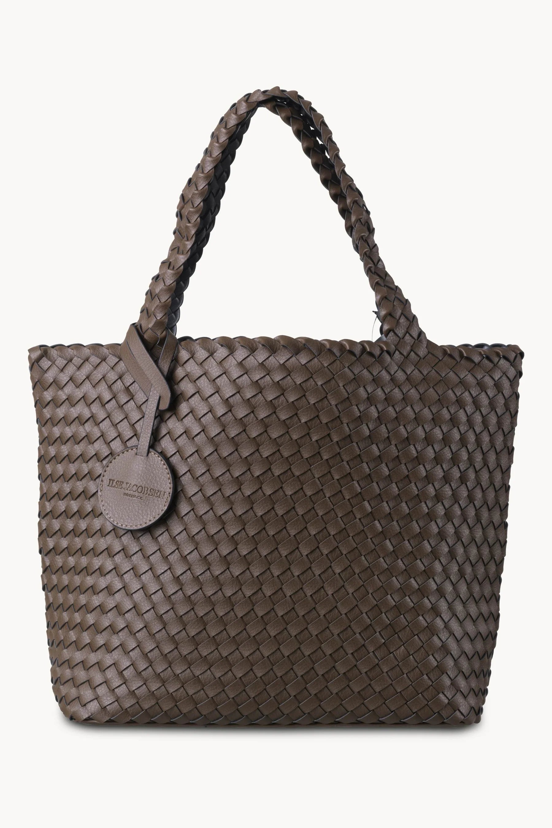 Black woven handbag with a visible brand tag on a white background