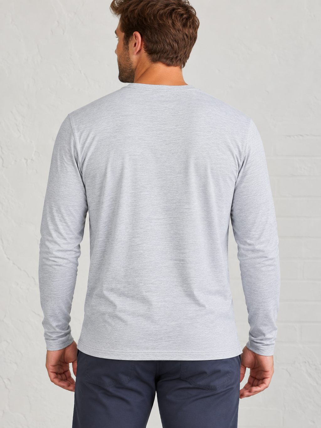 Man wearing Everywear LS Henley |  Perfect Gray Heather