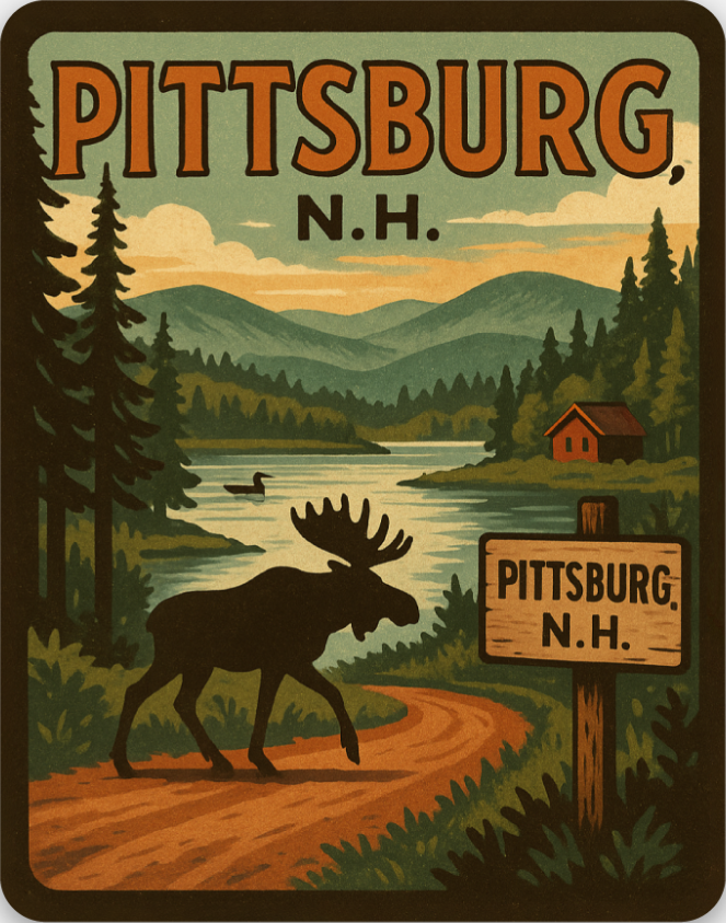 Vintage-style illustration of Pittsburg, N.H. with a moose and lake scene.
