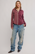 Benny Slim Yarn-Dyed Plaid in Rusty Red Combo on model with white background