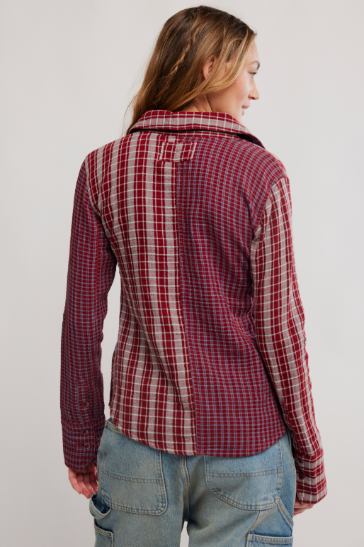Benny Slim Yarn-Dyed Plaid in Rusty Red Combo-back view on model with white background