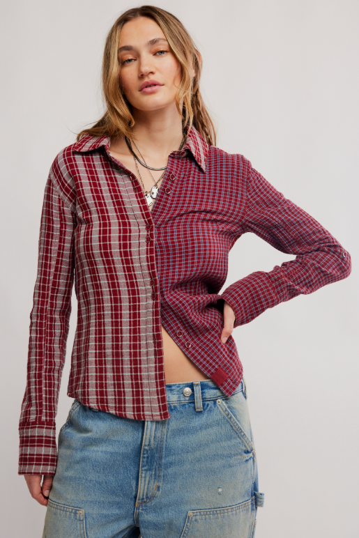 Benny Slim Yarn-Dyed Plaid in Rusty Red Combo on model with white background 