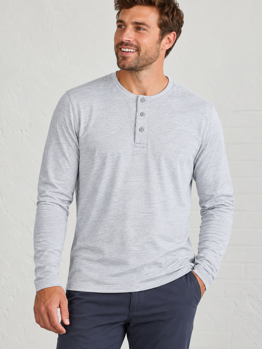 Man wearing Everywear LS Henley |  Perfect Gray Heather