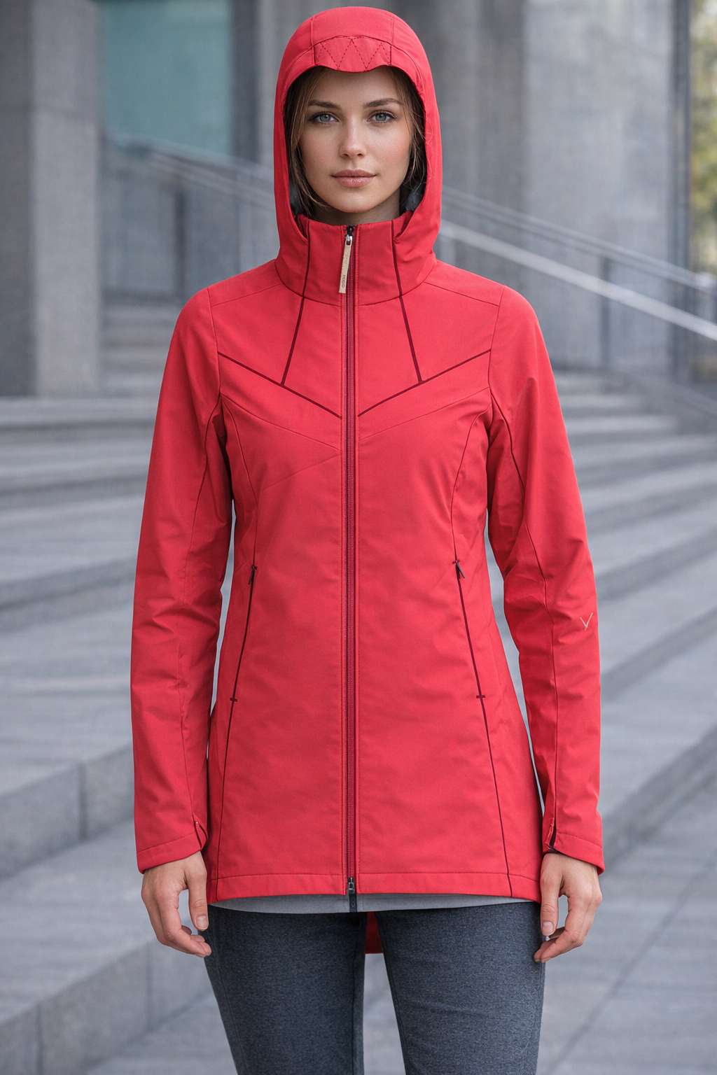 Person wearing a red jacket standing on a city street.