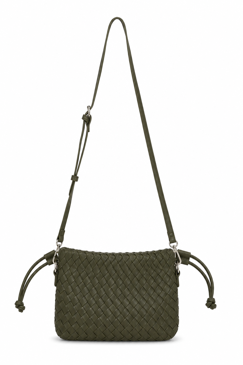 An olive green woven leather crossbody bag with a matching adjustable shoulder strap and drawstring details, shown against a plain white background.