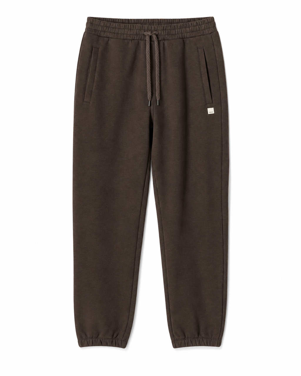 A pair of dark brown fleece jogger pants with an elastic waistband, matching drawstring, side pockets, and elastic cuffs, shown flat on a white background.