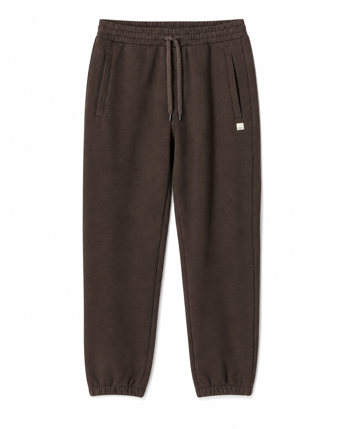 A pair of dark brown fleece jogger pants with an elastic waistband, matching drawstring, side pockets, and elastic cuffs, shown flat on a white background.