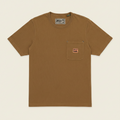A brown short-sleeve crewneck pocket t-shirt by Hester, featuring a small orange brand patch on the chest pocket, displayed flat against a solid black background.