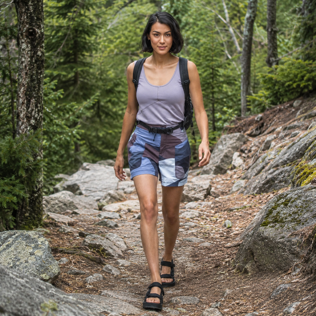 Woman hiking on a rocky trail in a forest