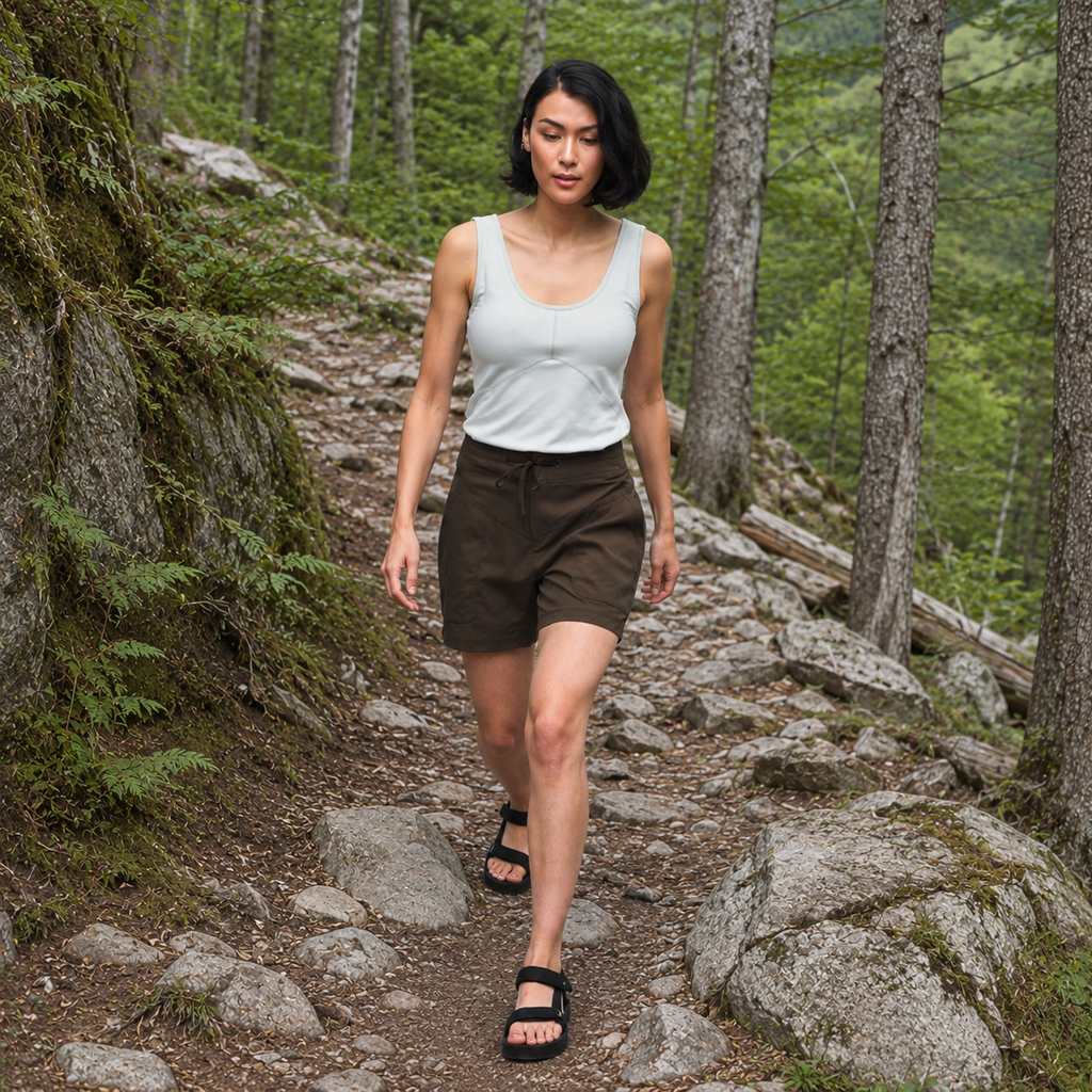 Woman walking on a rocky trail in a forest