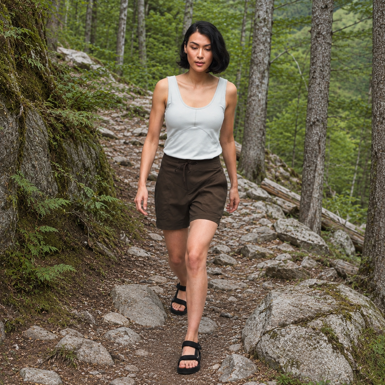 Woman walking on a rocky trail in a forest
