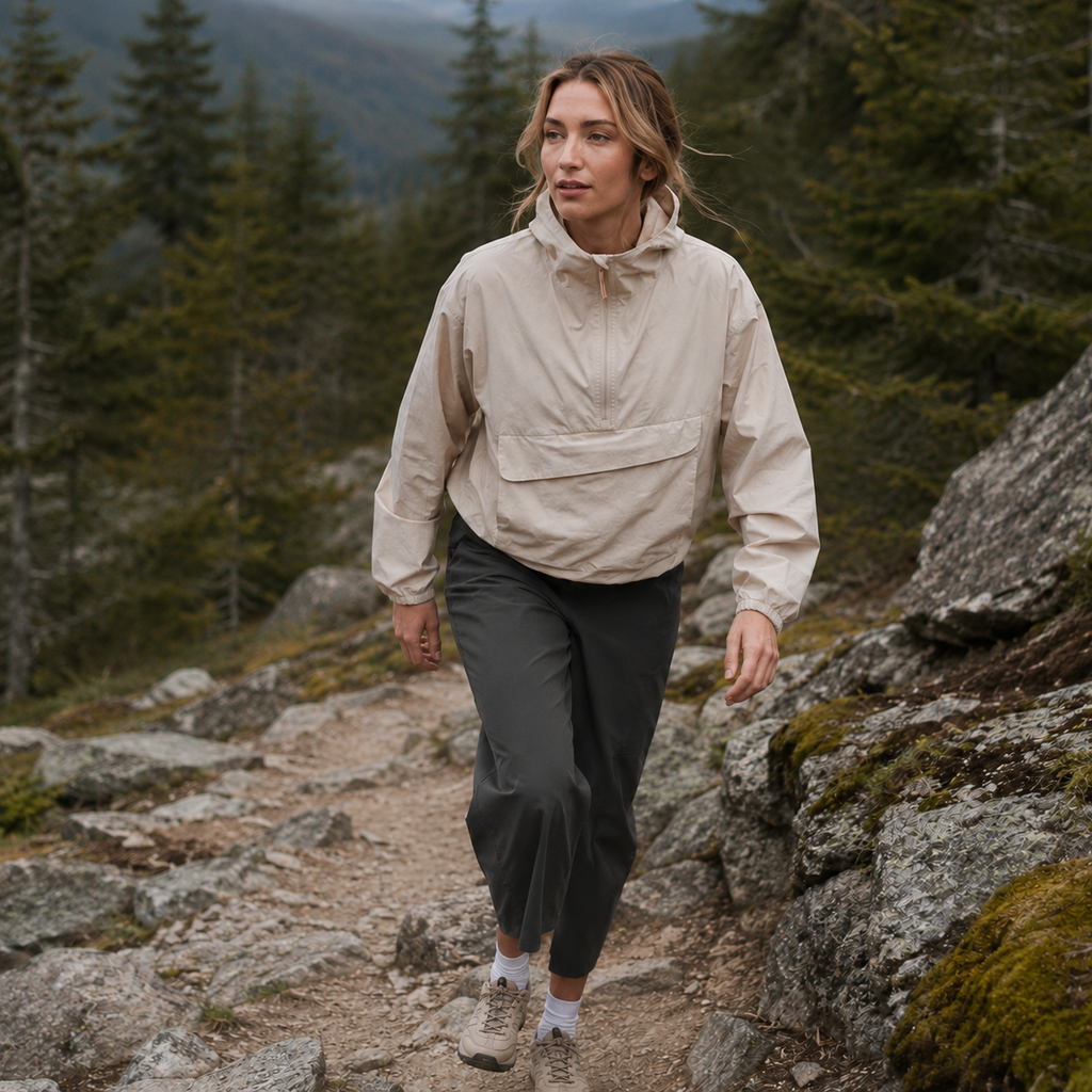 Woman hiking on a rocky trail in a forested area