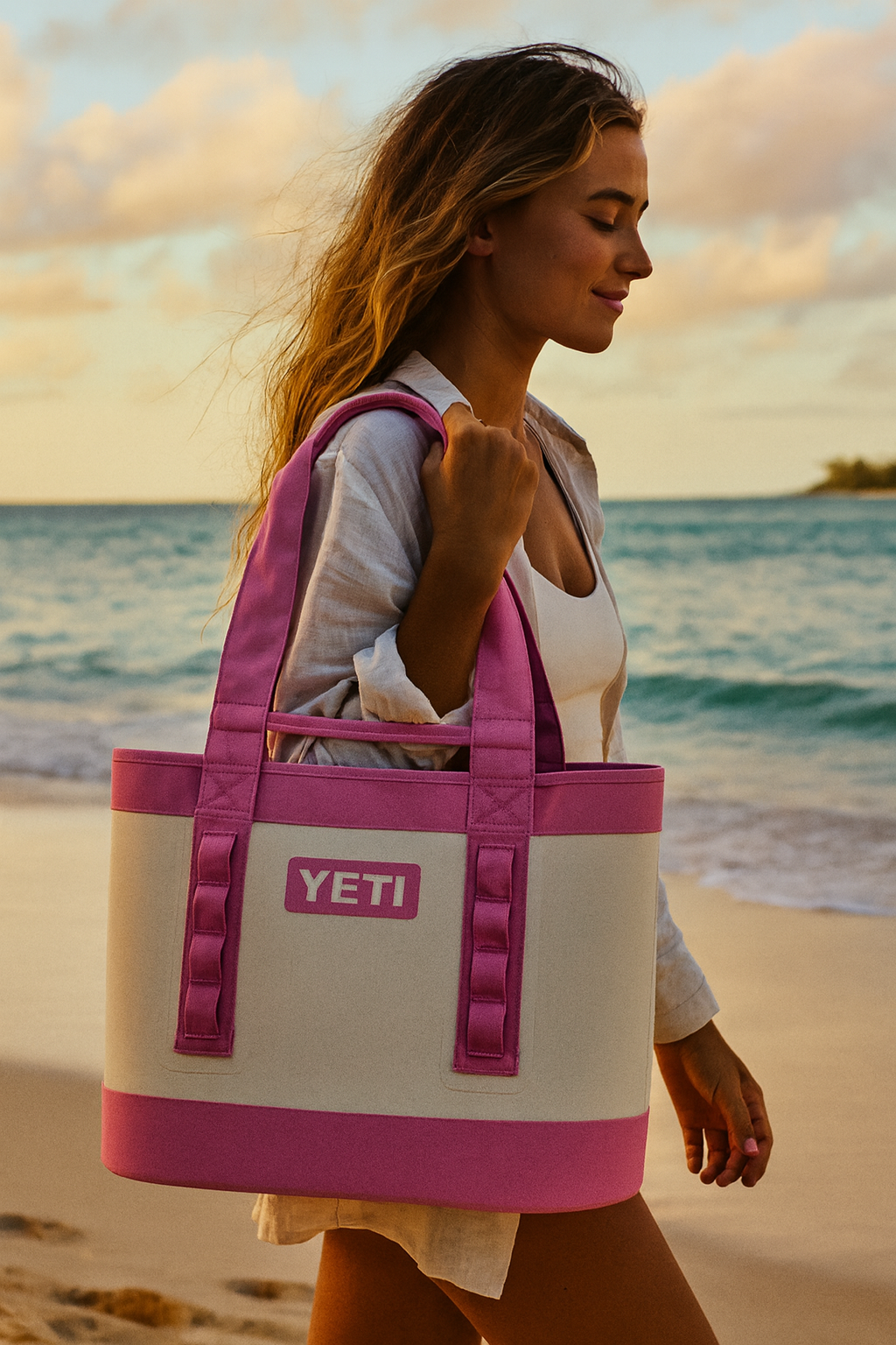 Woman carrying a YETI bag on a beach