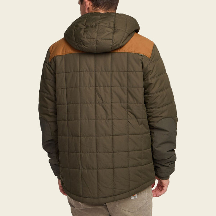 Green quilted jacket with brown hood on a white background