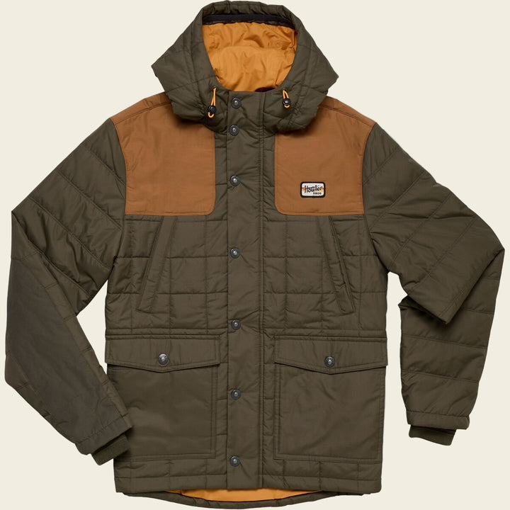Green and brown quilted jacket with a brand logo on a white background