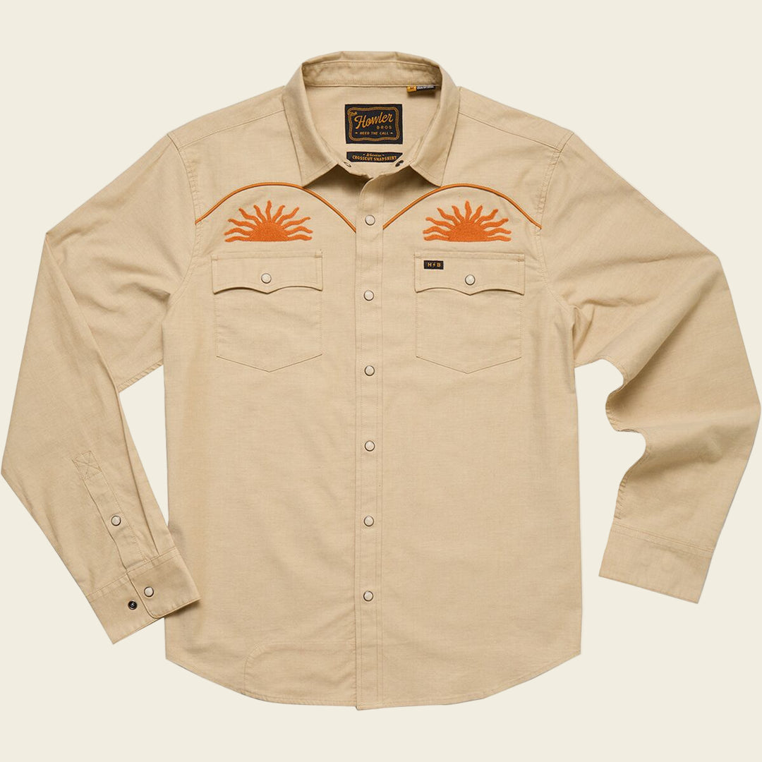 Beige shirt with orange accents on a white background