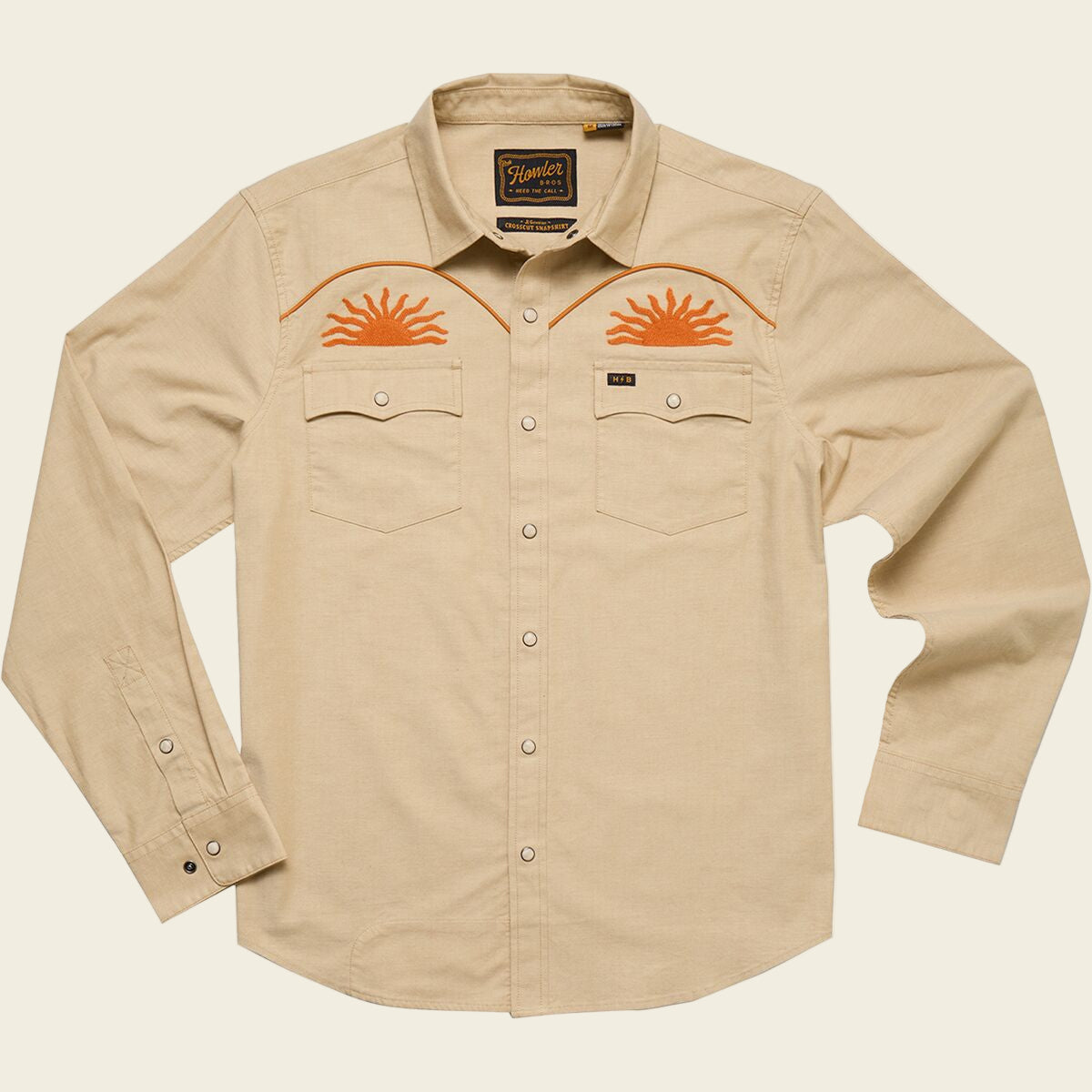 Beige shirt with orange accents on a white background