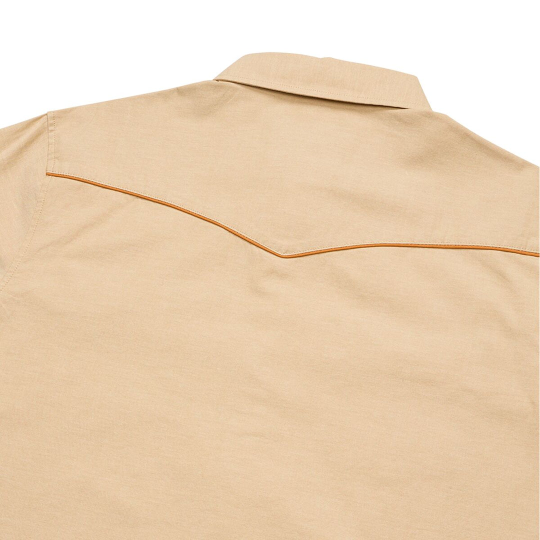 Beige shirt with brown stitching on a white background